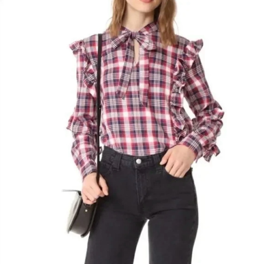 BLANKNYC Womens Red Blue Plaid Ruffle Long Sleeve Tie Neck Blouse Top Size L